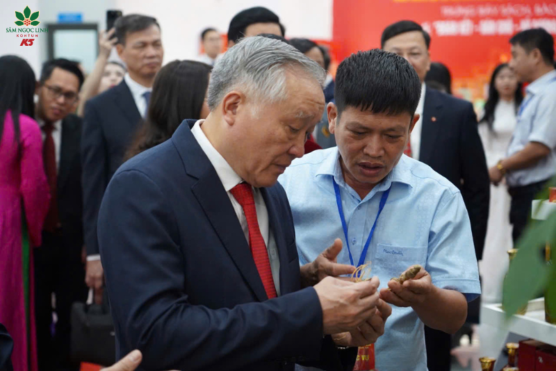 Ông Nguyễn Hòa Bình - Phó Thủ tướng Thường trực Chính phủ Nguyễn Hòa Bình nghe giới thiệu về củ sâm Ngọc Linh tại gian hàng Sâm Ngọc Linh K5.